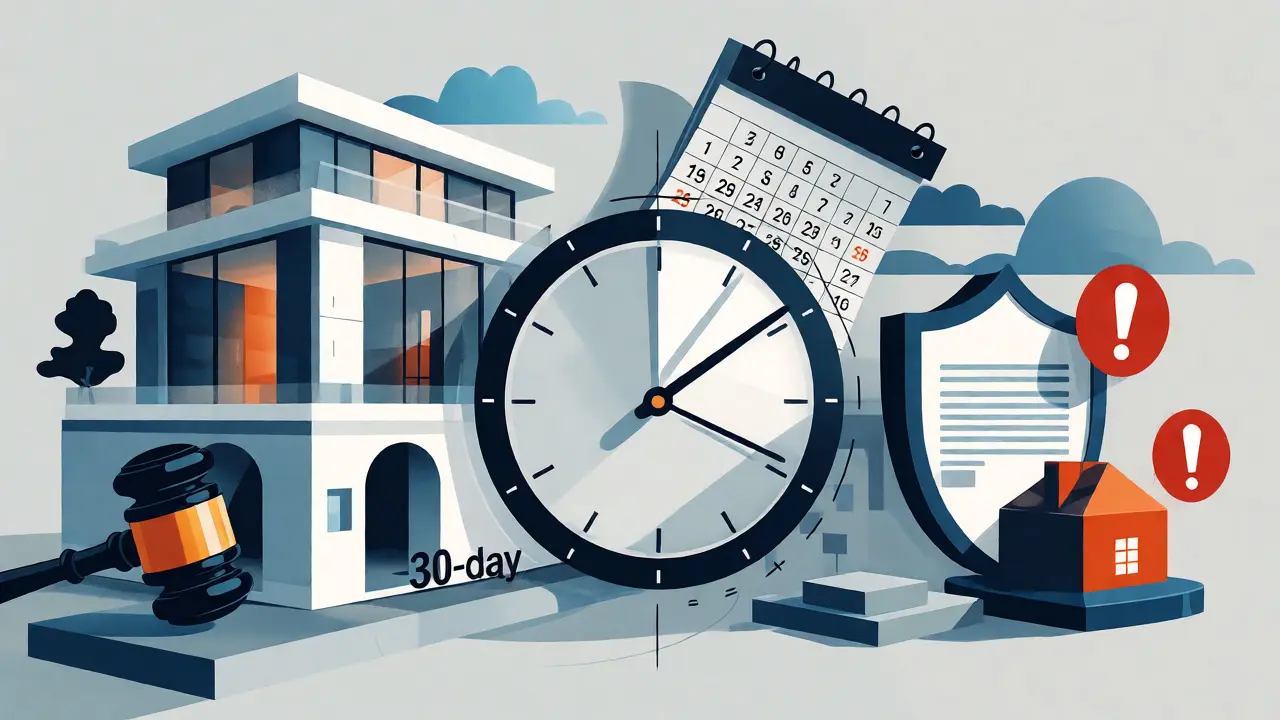 Konzeptgrafik einer Villa neben einer Uhr und Kalendern, die Fristen darstellen