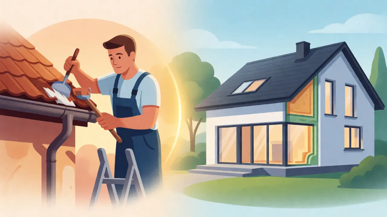 Konzeptionelle Illustration von kleinen Reparaturen und energetischer Sanierung als Steuerbonus.