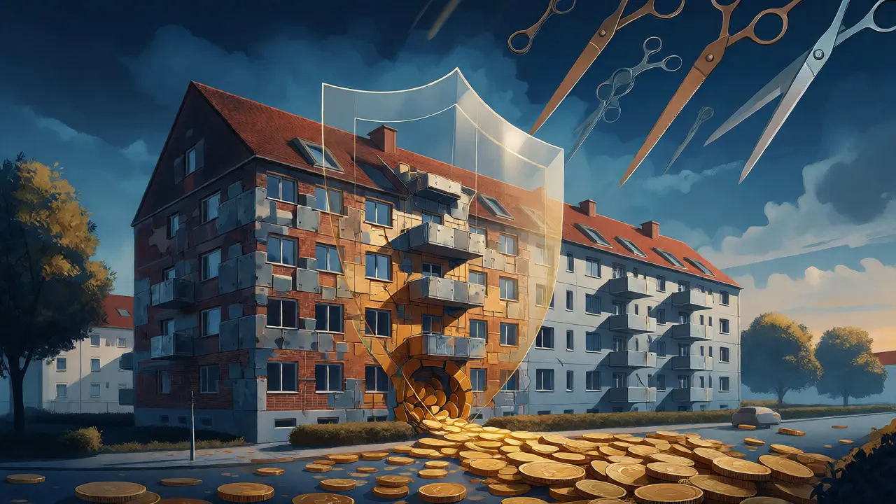 Konzeptkunst: Ein Mehrfamilienhaus wird durch eine schützende Hülle gesichert.