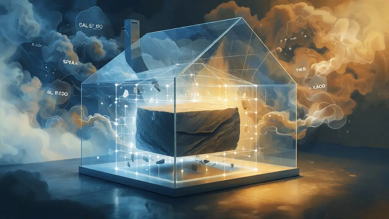 Konzeptuelle Darstellung eines gläsernen Schutzraums, der ein Immobilienmodell vor Aufteilung bewahrt.