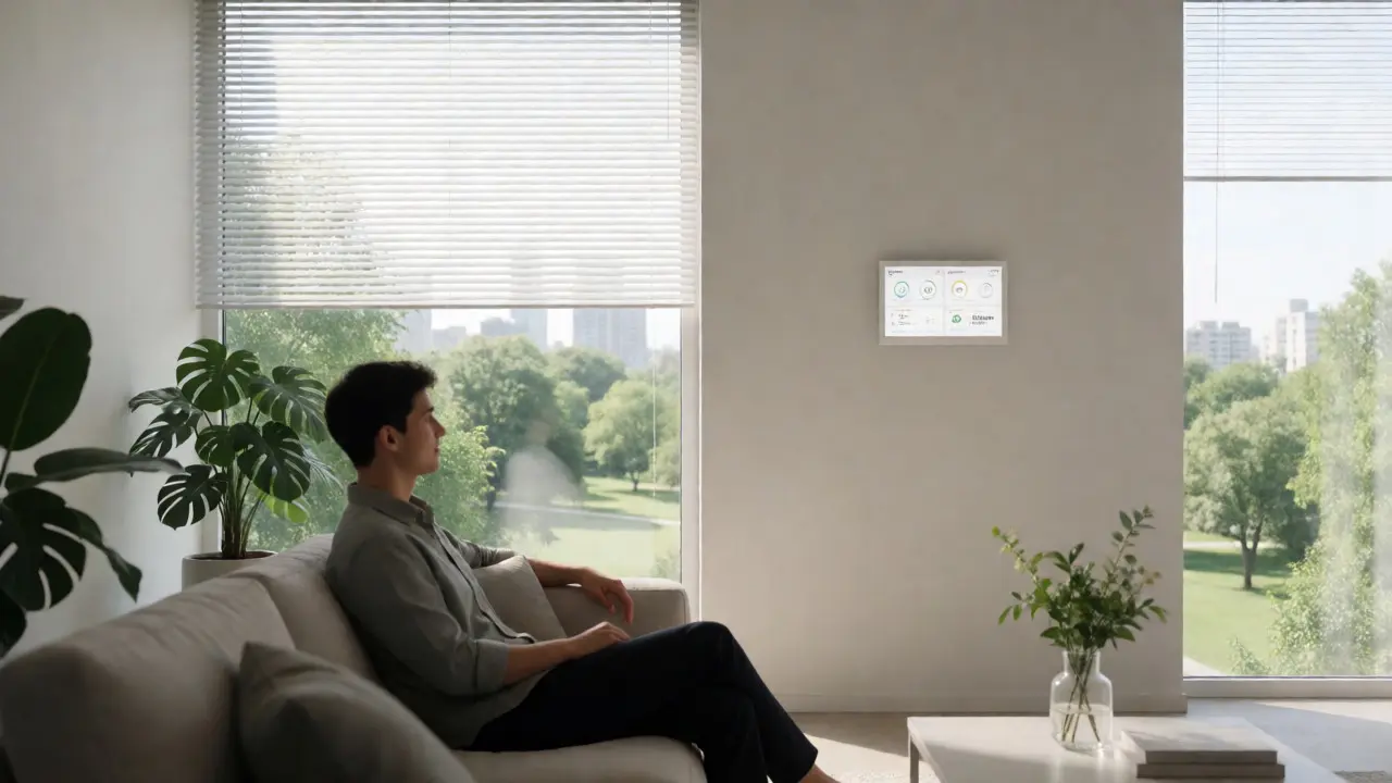 Modernes Apartment mit Smart-Home-Steuerung und Blick auf städtisches Grün.