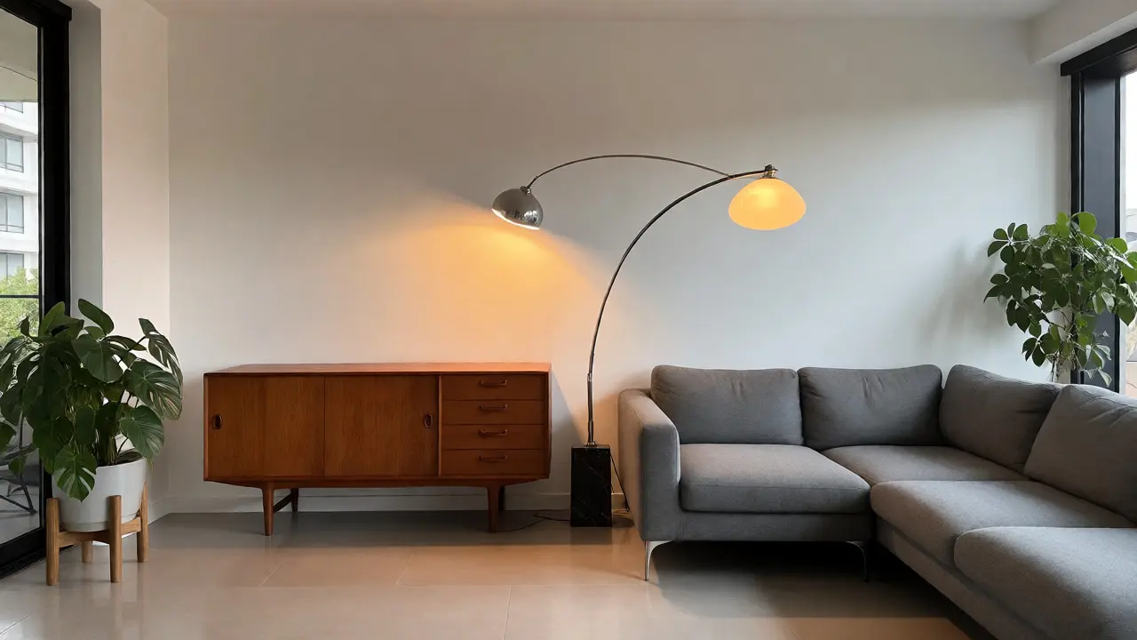 Modernes Wohnzimmer mit freistehendem Vintage-Credenza und Bogenleuchte