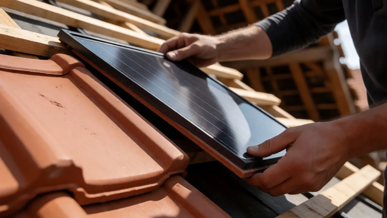 Nahaufnahme der Installation von Solardachziegeln neben traditionellen Tonziegeln
