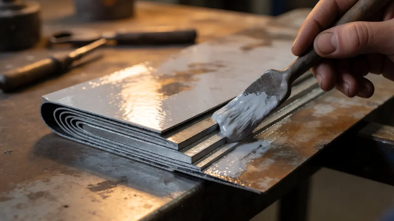 Querschnitt durch beschichtetes Metalldach mit sichtbaren Schutzschichten und Sanierungsarbeit.