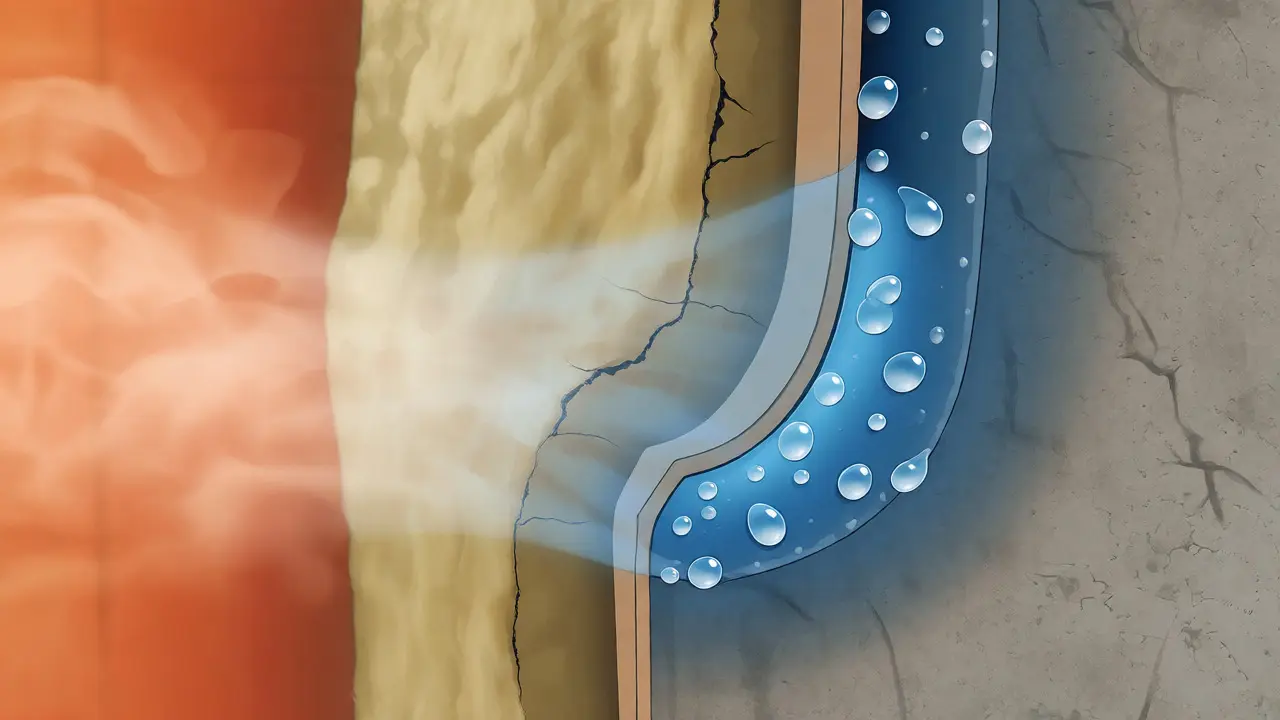 Querschnitt durch eine gedämmte Wand zeigt Kondensation von Wasserdampf an der Taupunktzone.