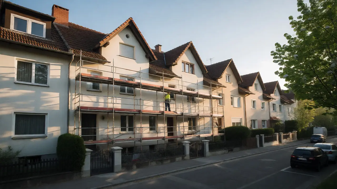 Reihenhausfassade mit gemeinsamer Baugerüstlösung für mehrere Häuser