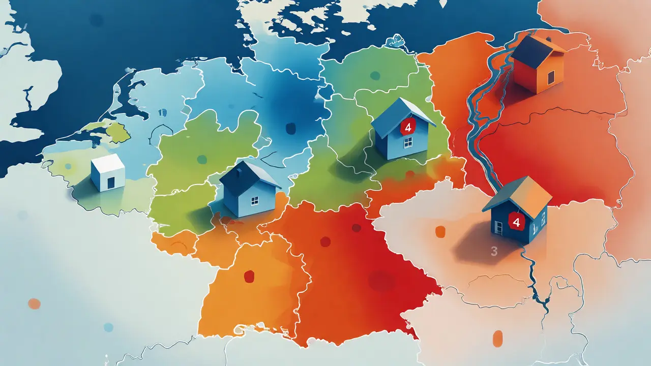 Stilisierte Karte Deutschlands mit farblich kodierten Hochwasserrisikozonen für Versicherungen