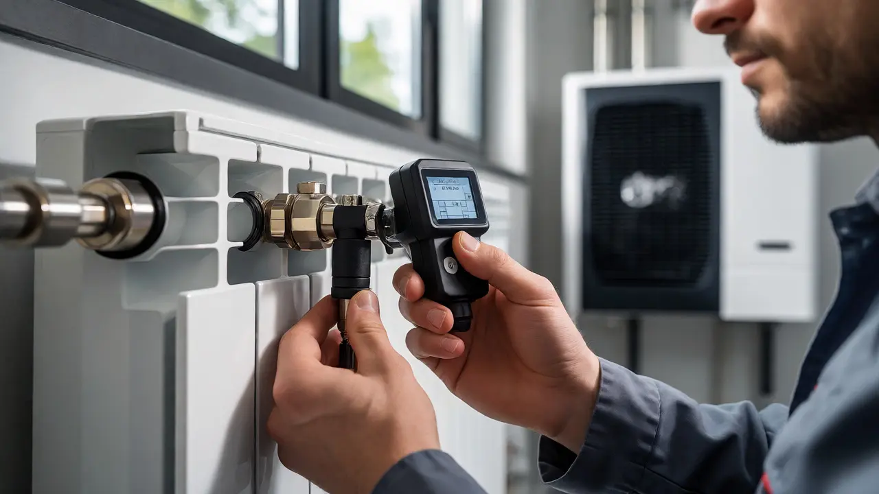 Techniker misst Durchfluss am Heizkörperventil für hydraulischen Abgleich