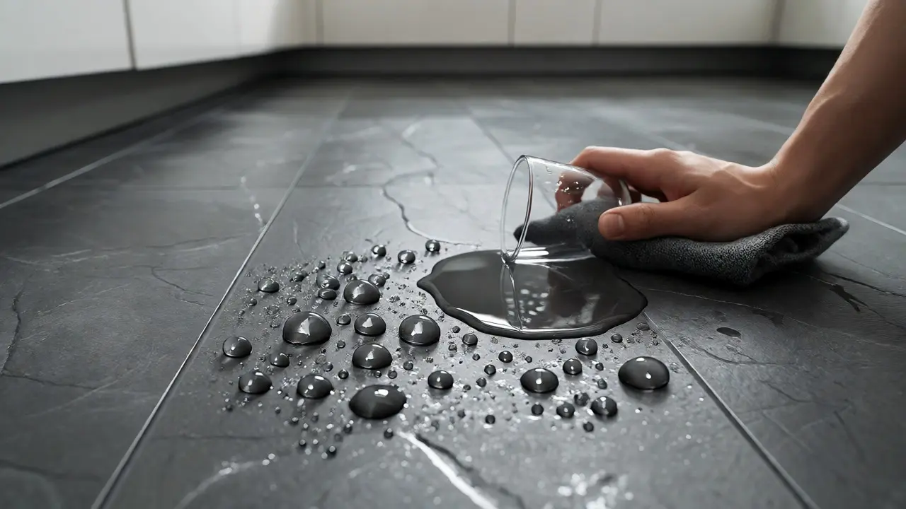 Wasserdichter Vinylboden in der Küche mit Wassertropfen