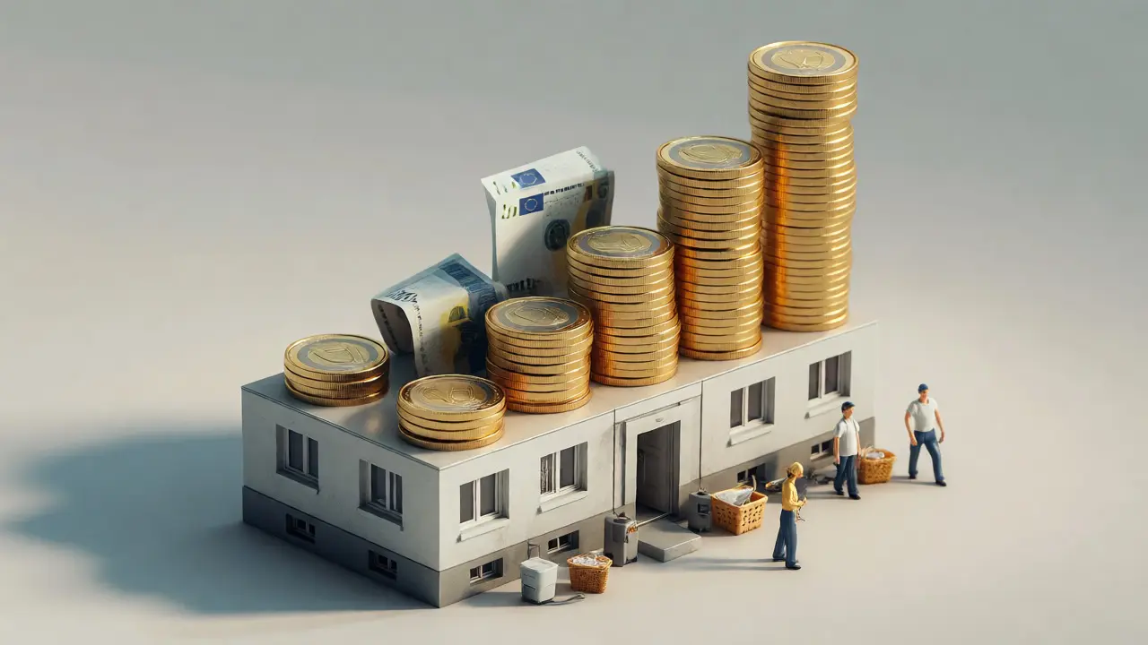 3D-Modell einer Immobilie mit Finanzdiagramm für Renditeberechnung