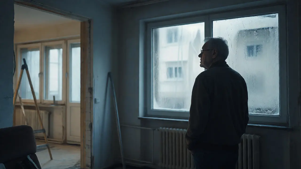 Besorgter Eigentümer betrachtet beschlagene Fenster im Wohnzimmer