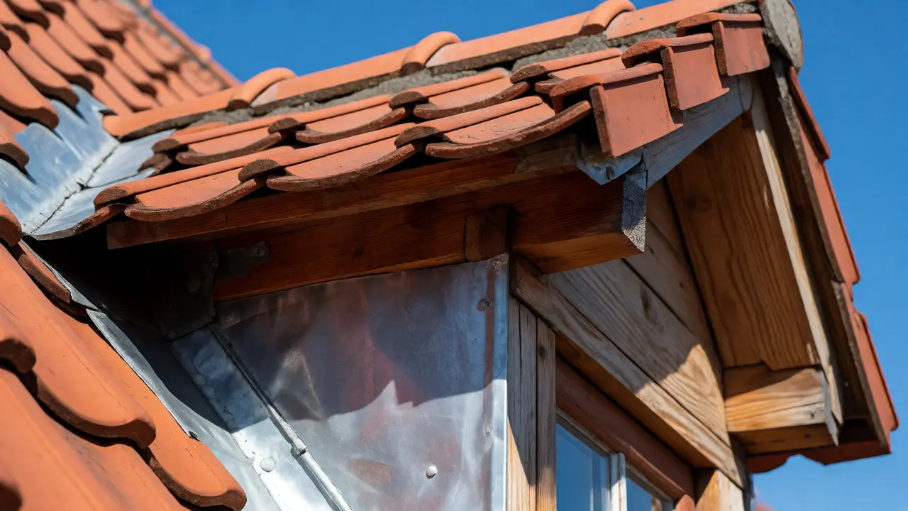 Detailaufnahme des Anschlusses einer Gaube mit Ziegeln und Blei