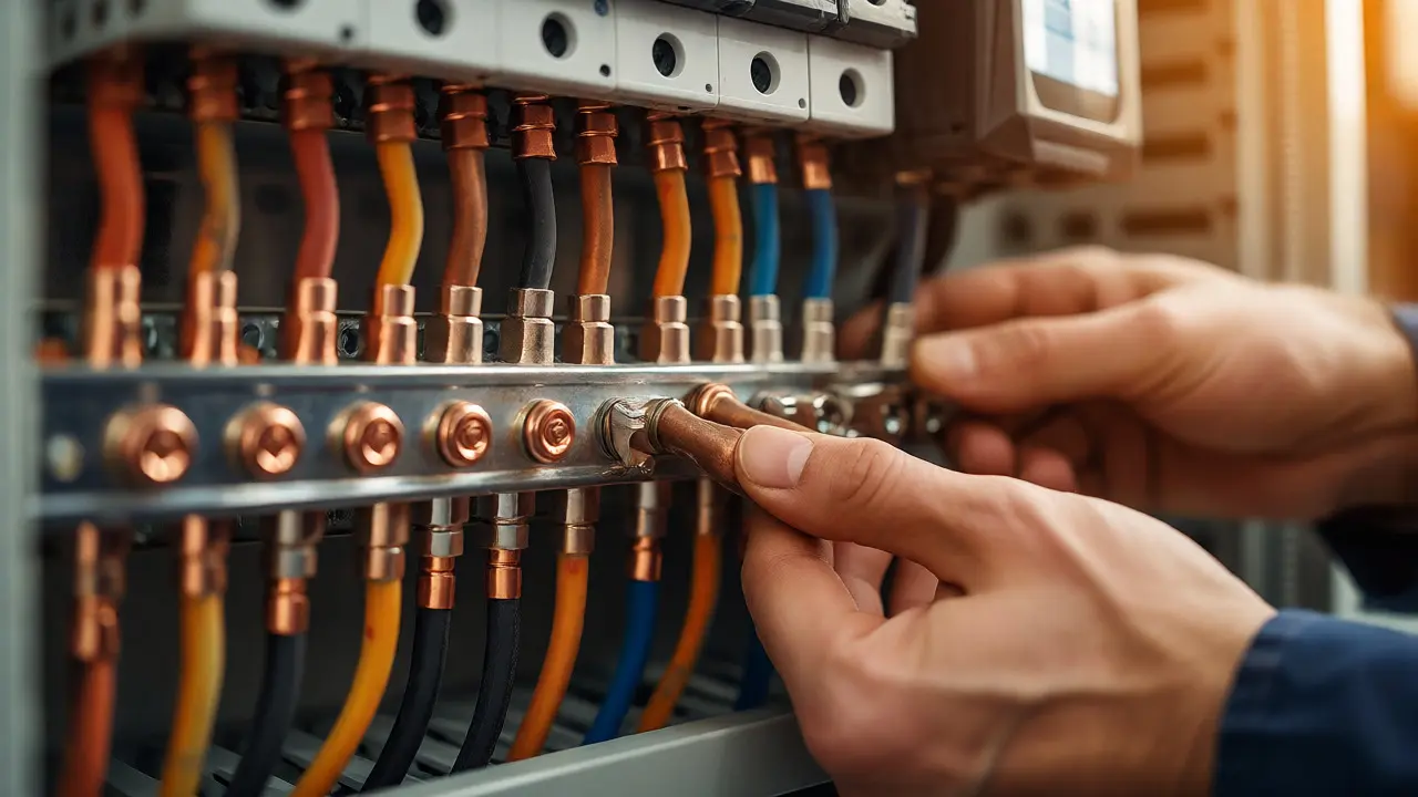 Elektriker verbindet Kabel am Potentialausgleich