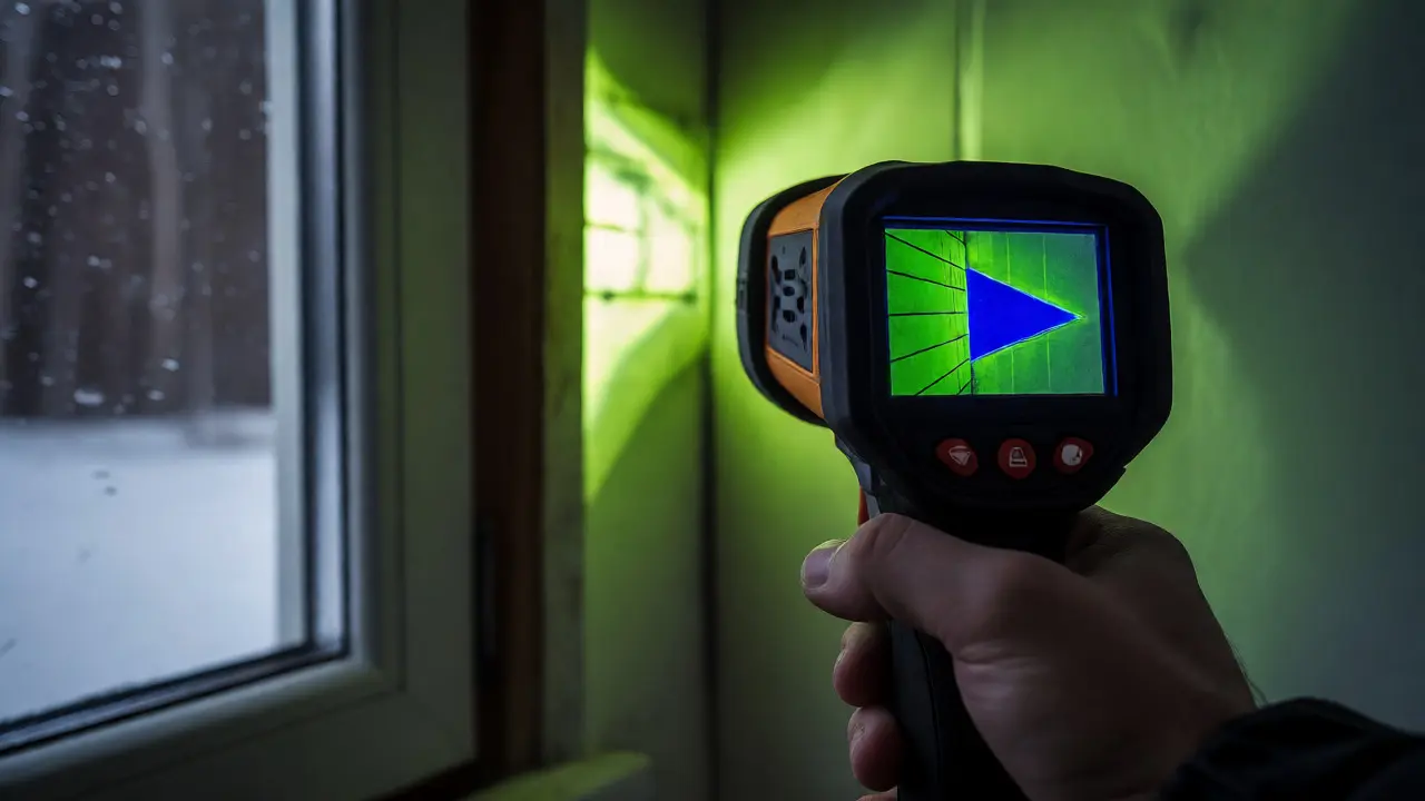 Energieberater inspiziert eine Wandnische mit einer Thermalkamera, die einen kalten Bereich anzeigt.