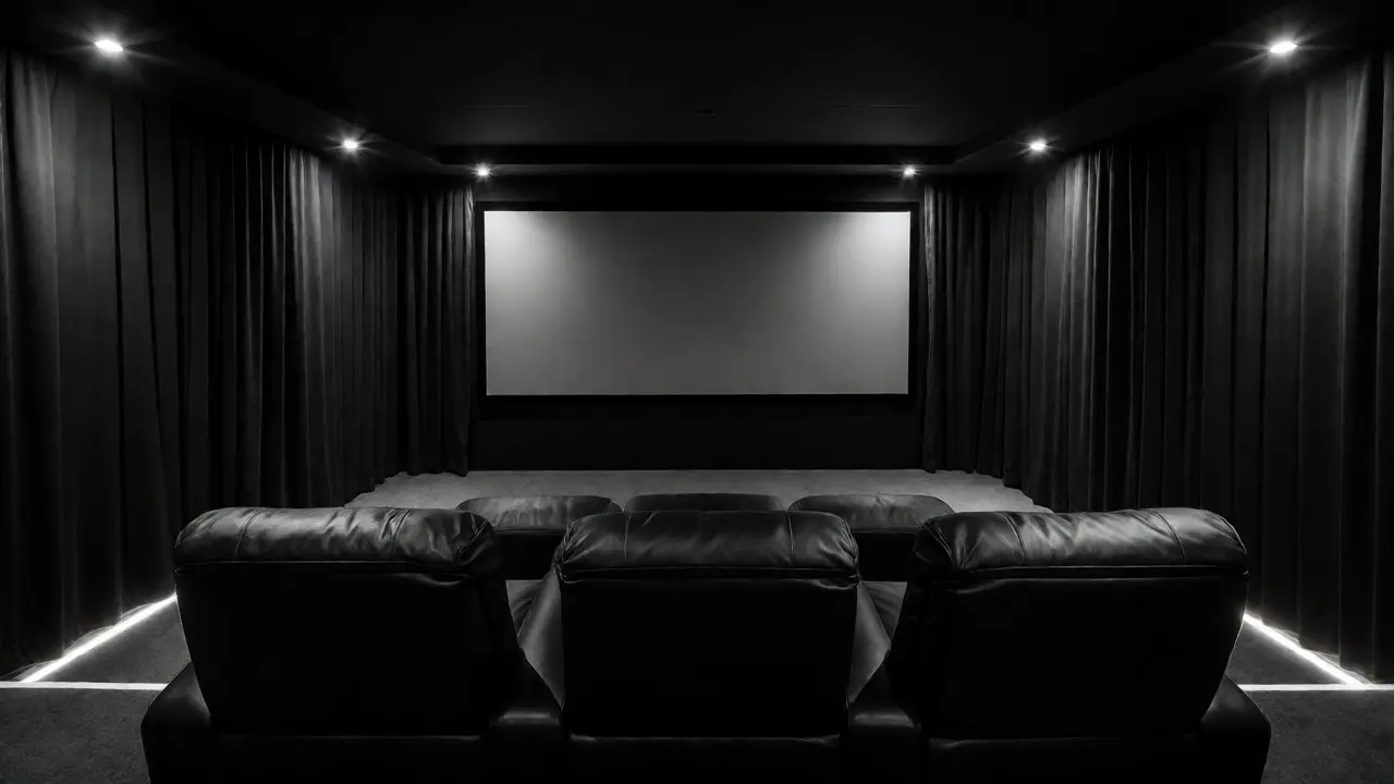 Fertiges Heimkino mit dunklen Vorhängen und LED-Ambientebeleuchtung