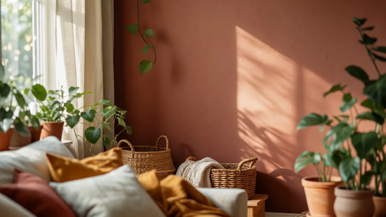 Gemütlicher Boho-Wohnbereich mit Terrakotta-Wand und Pflanzen