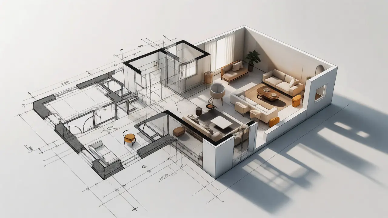 Grundriss verwandelt sich in ein möbliertes 3D-Modell.
