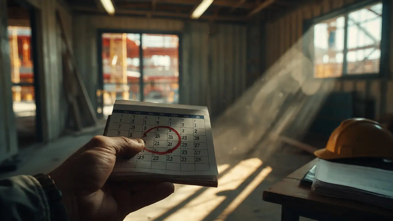 Hand hält Kalender mit markiertem Datum vor einer staubigen, ruhenden Baustelle.