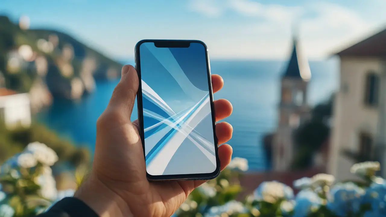 Hand mit Smartphone vor unscharfer Küstenlandschaft für digitale Versicherungsabwicklung