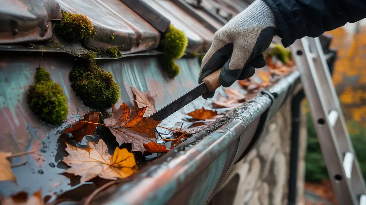 Hände reinigen Laub aus einer kupfernen Dachrinne im Herbst.