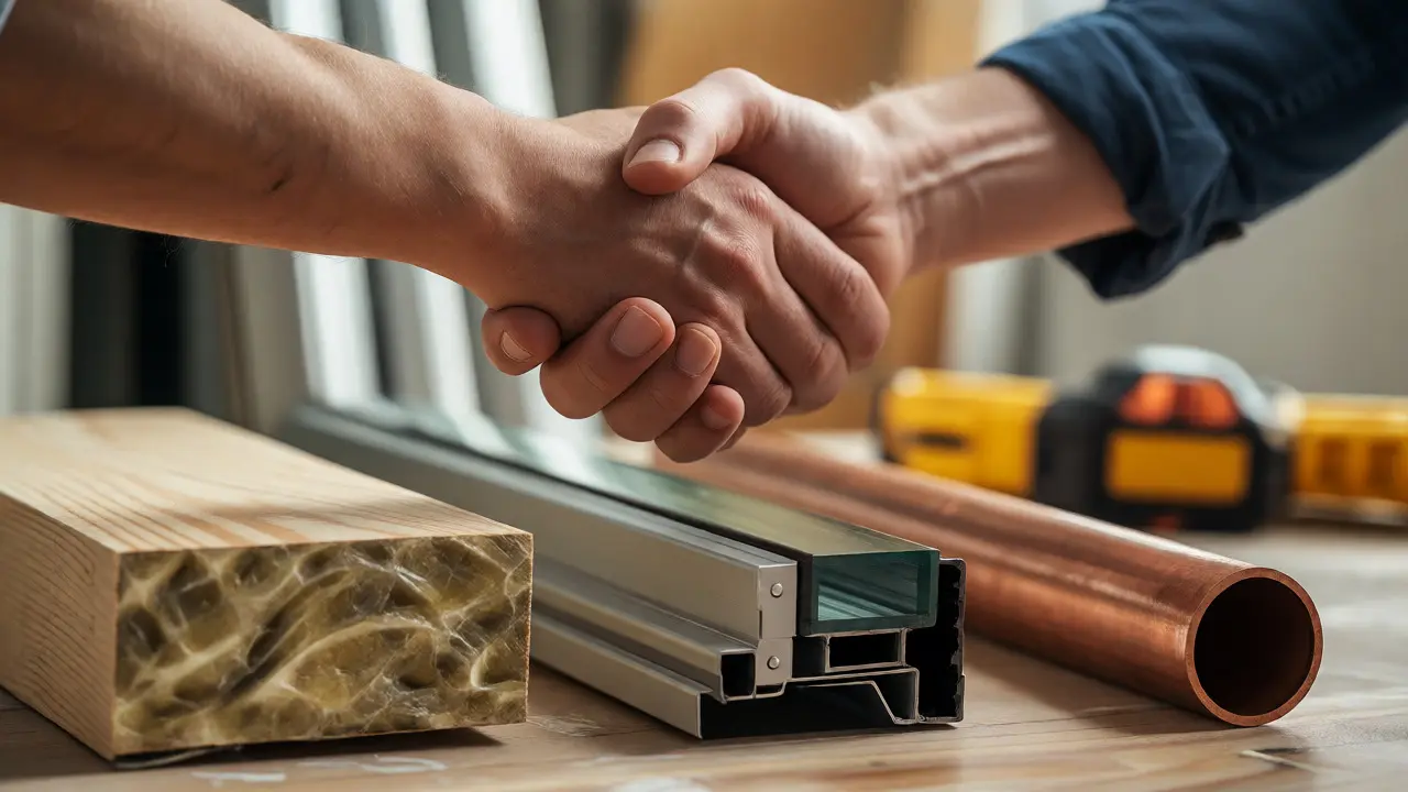 Händedruck über Renovierungsmaterialien wie Dämmung und Fensterscheiben, symbolisiert die Investition in Energieeffizienz.