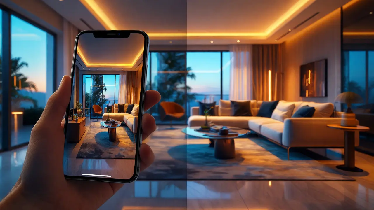 Immersive 3D-Tour einer Immobilie auf einem Smartphone.