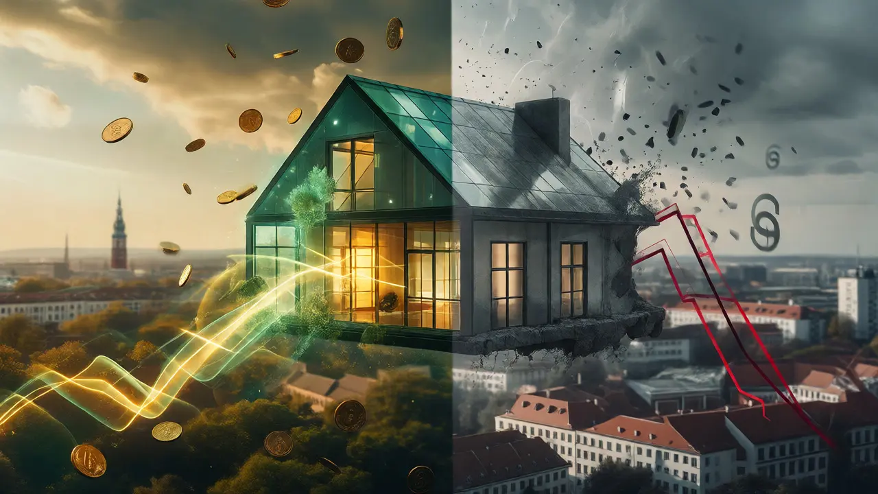 Konzeptionelle Darstellung des Preisunterschieds zwischen energieeffizienten und ineffizienten Immobilien durch Licht und Farbe.