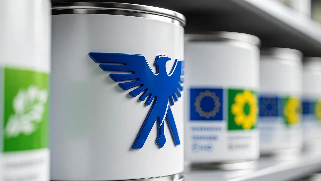 Nahaufnahme von Farbeimern mit verschiedenen Umweltlabels im Regal