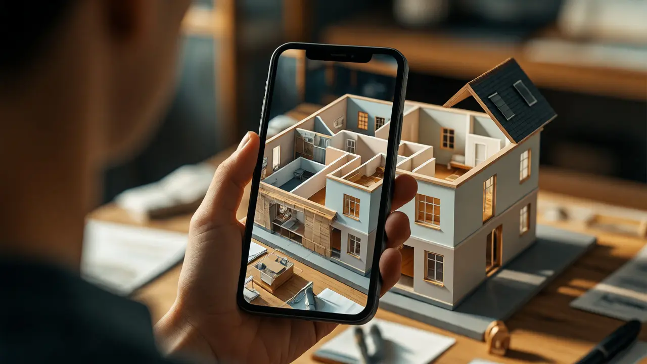Nutzer betrachtet ein digitales 3D-Hausmodell per Augmented Reality auf dem Smartphone