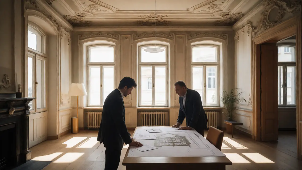 Renoviertes historisches Apartment mit Steuerberater und Eigentümer bei der Planung der Förderung.