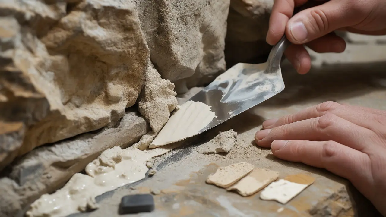 Restaurator trägt Kalkmörtel präzise in eine gereinigte Natursteinfuge ein.