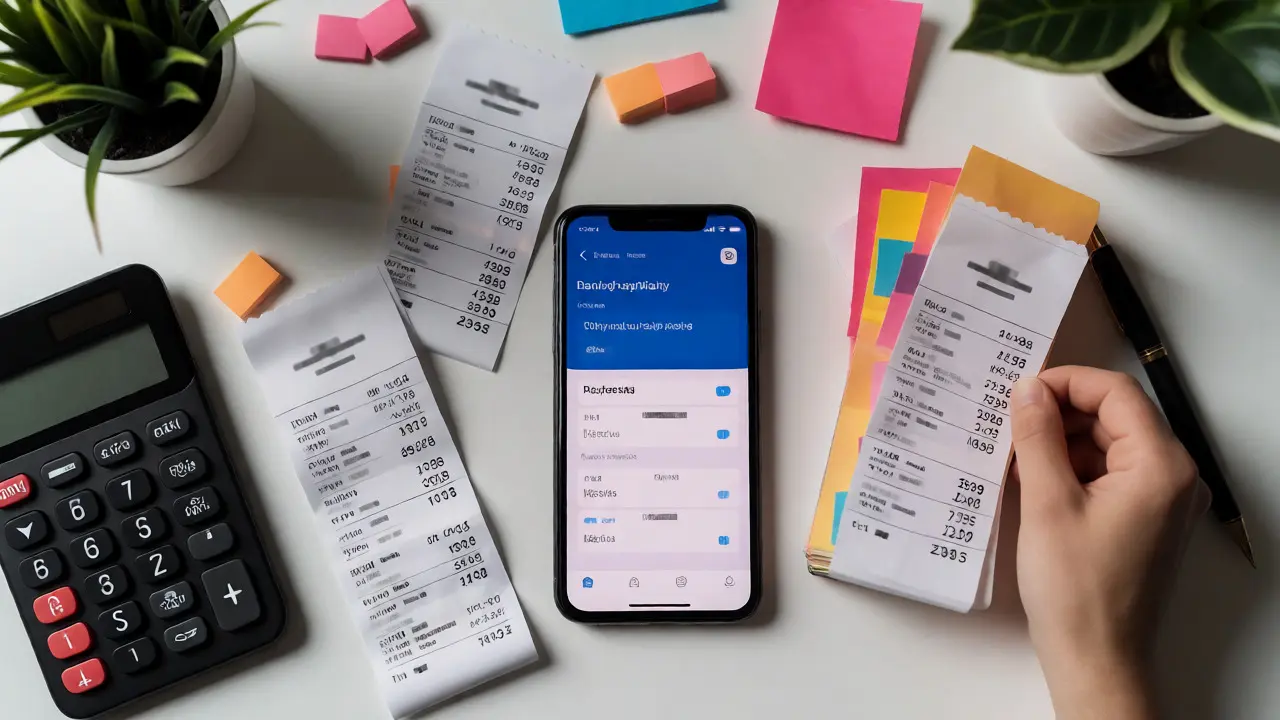 Schreibtisch mit Steuerunterlagen, Belegen und einem Smartphone für die digitale Zahlungsprüfung.