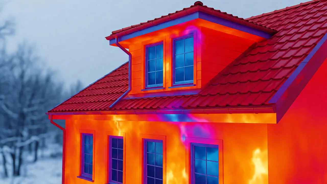 Thermografie-Aufnahme eines Hauses mit Wärmeverlusten an Fenstern