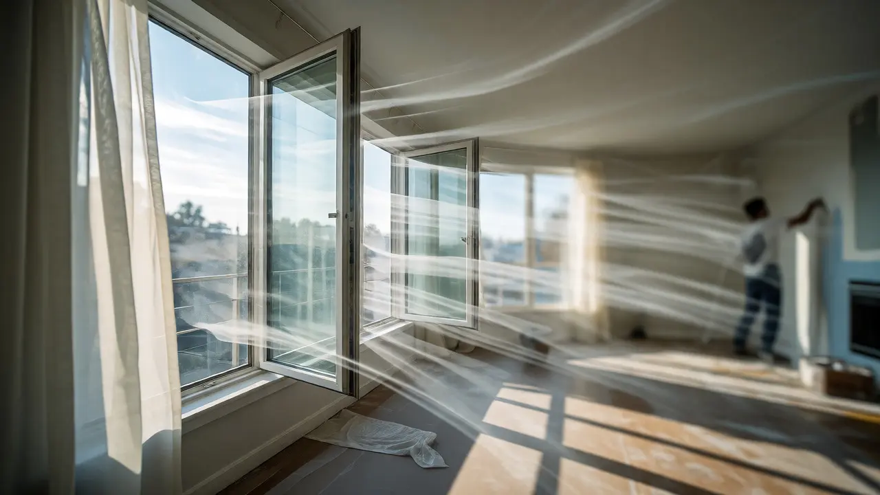 Wohnzimmer während der Renovierung mit offenen Fenstern zum Lüften